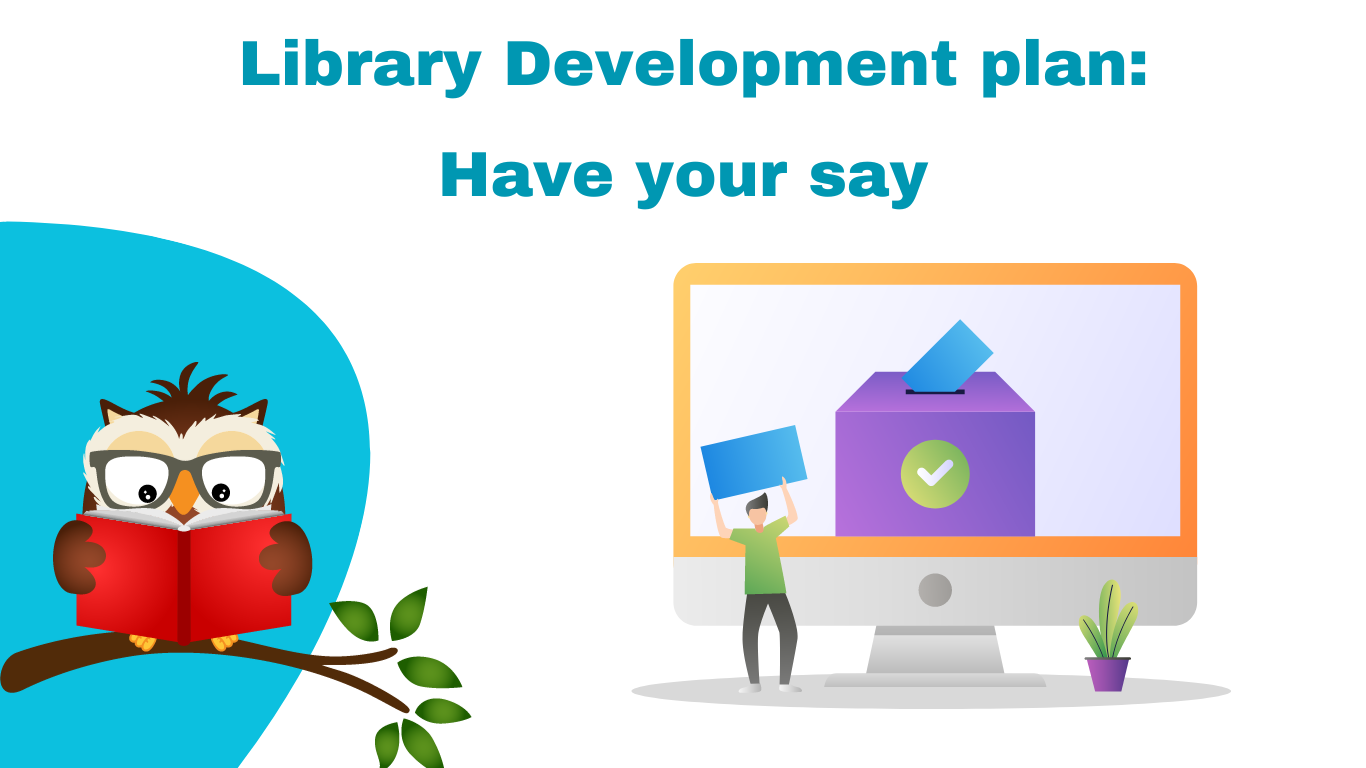 Pancarta del Plan de Desarrollo de la Biblioteca: "Dé Su Opinión"