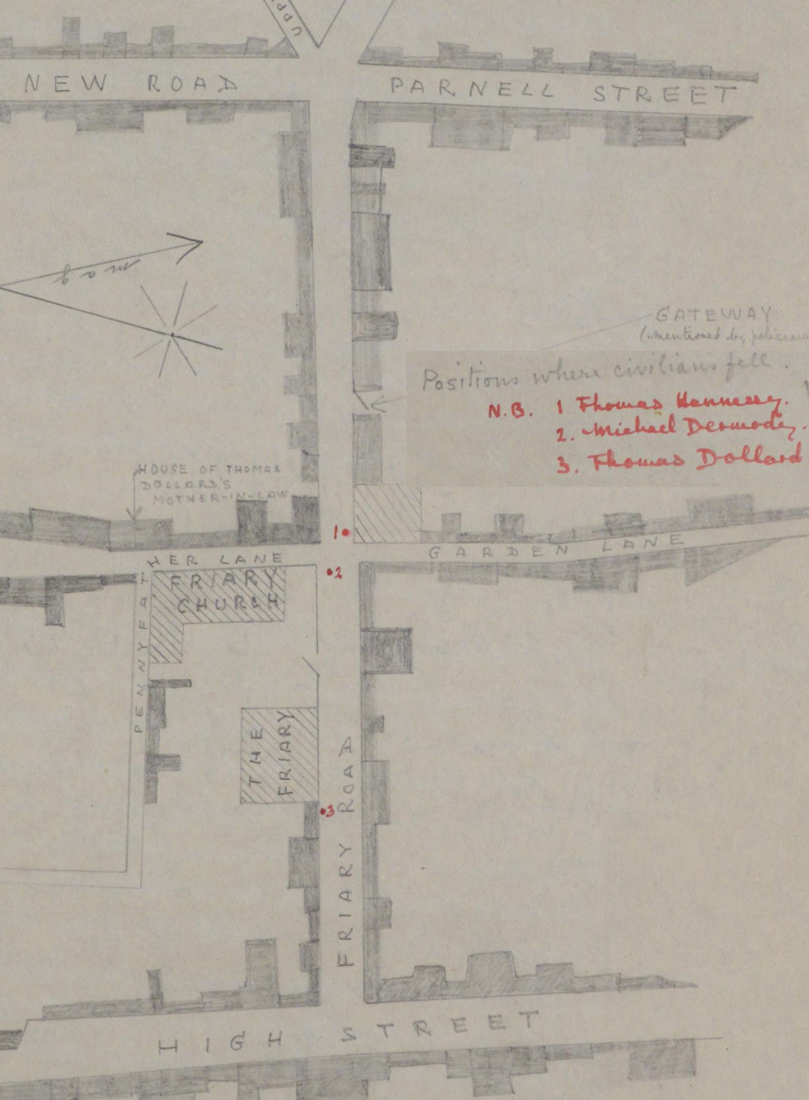 Нарисованная от руки карта британской армии, показывающая, где трое мужчин упали на Фрайари-Стри-Килкенни