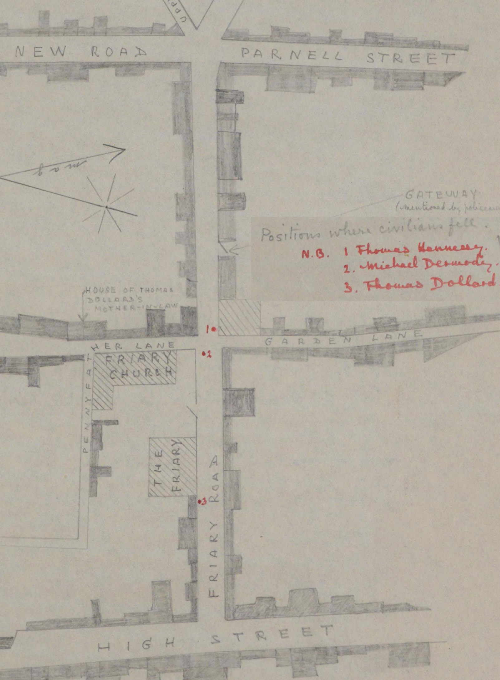 Carte dessinée à la main de l'armée britannique montrant où les trois hommes sont tombés sur Friary-Stree-Kilkenny